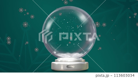 Image of christmas snow globe with snow falling on green background Image of christmas snow globe with snow falling on green background 113603034
