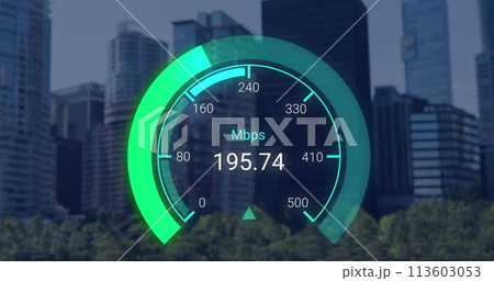 Image of green speedometer over cityscape Image of green speedometer over cityscape 113603053