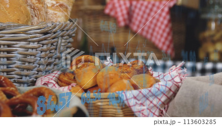 Image of statistics and data processing over bread in baskets in food shop Image of statistics and data processing over bread in baskets in food shop 113603285