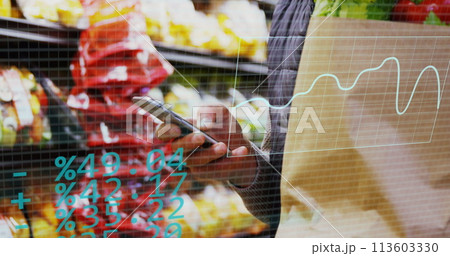 Image of statistics data processing over caucasian male customer in food shop Image of statistics data processing over caucasian male customer in food shop 113603330
