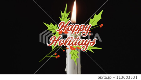 Image of happy holidays text over lit candle on black background Image of happy holidays text over lit candle on black background 113603331