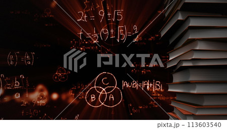 Digital image of a pile of books while mathematical equations and graphs glowing move in the screen Digital image of a pile of books while mathematical equations and graphs glowing move in the screen 113603540