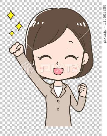 Upper body illustration of a businesswoman making a one-handed fist pump Upper body illustration of a businesswoman making a one-handed fist pump 113603809