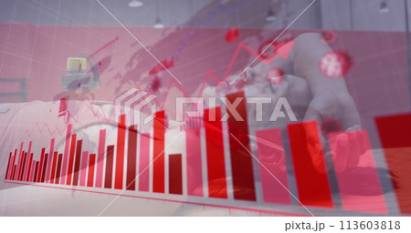 Image of graphs and statistics over caucasian woman meditating Image of graphs and statistics over caucasian woman meditating 113603818