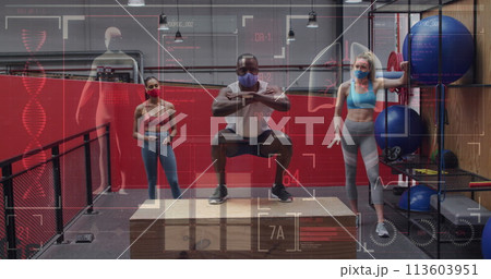 Image of graphs and statistics over diverse group wearing face masks working out 113603951