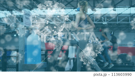 Image of covid-19 cells floating over diverse group wearing face masks working out Image of covid-19 cells floating over diverse group wearing face masks working out 113603990