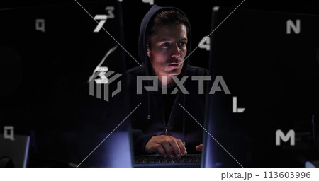 Image of icons over caucasian hacker using computer 113603996