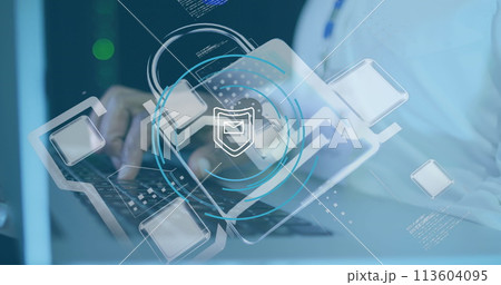 Image of data processing over hands using laptop in server room Image of data processing over hands using laptop in server room 113604095