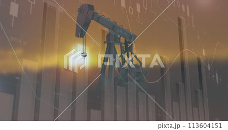 Image of financial graphs over pump jack 113604151