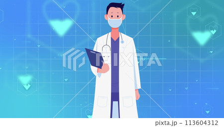 Image of medical icons with doctor with clipboard on blue background Image of medical icons with doctor with clipboard on blue background 113604312