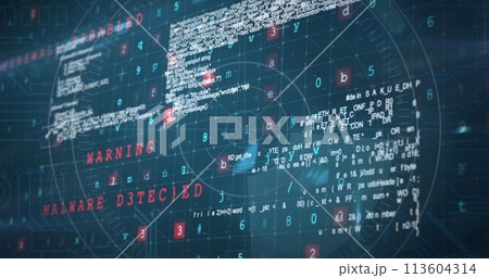 Image of data processing with cyber attack warning text and scope scanning 113604314