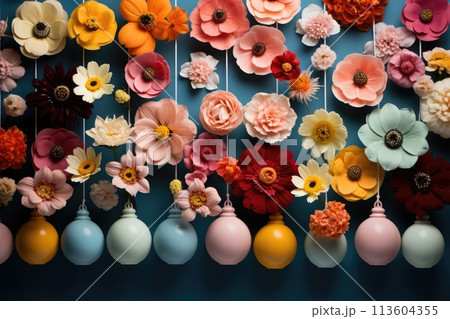 Ai generated Colorful flowers on blue background with empty frame space for text. 113604355