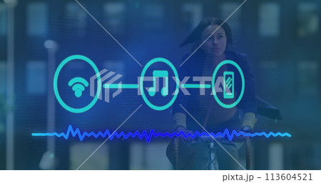 Image of three digital icons and data processing over woman riding bike in city 113604521