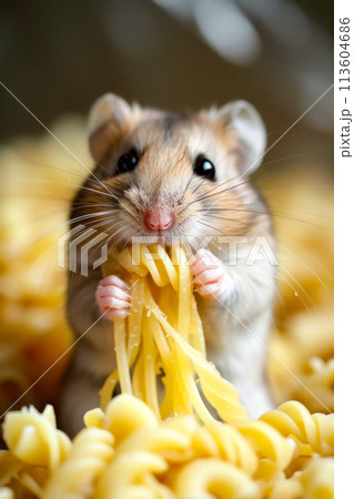 Hamster eating some pasta with look of delight on its face 113604686