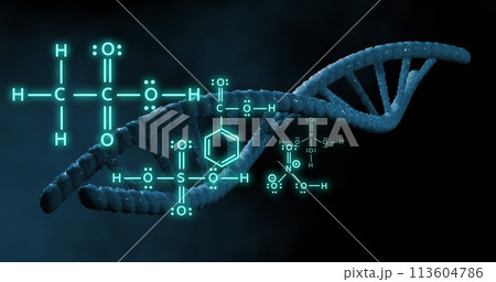 Image of dna strand and scientific data processing over black background 113604786