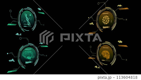 Image of scopes and scientific data processing over black background 113604818