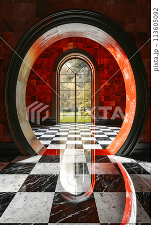 Red and black checkered floor with archway 113605092