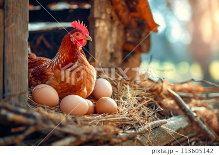 Chicken sits in the nest with eggs 113605142