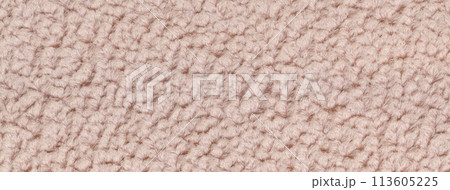 Texture of beige fluffy woolen textile background from soft fleecy material, macro. Structure of brown fabric 113605225