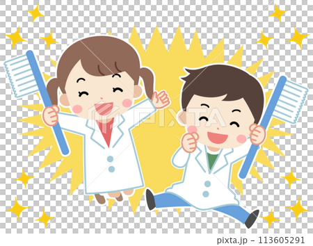 Illustration of kids jumping with toothbrushes 113605291