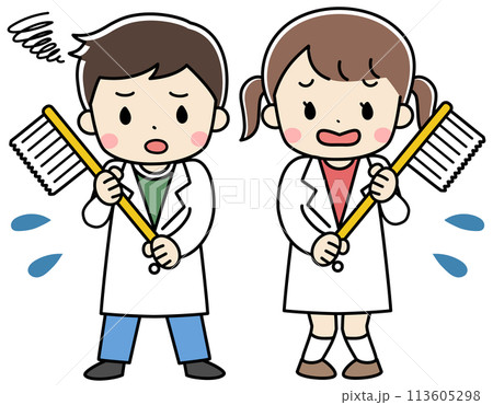 歯ブラシを持って困り顔をした子供たちのイラスト 113605298