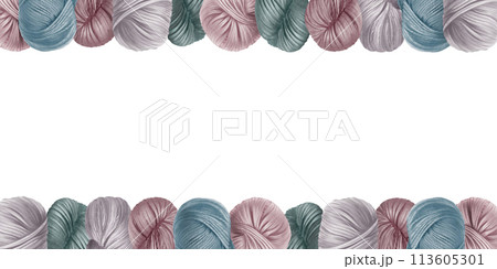 Skeins of yarn in the form of a double-sided border. Isolated on white background with copy space for text. Hand drawn hobby clip art for home decor, shop label. Hand made, craft. Skeins of yarn in the form of a double-sided border. Isolated on white background with copy space for text. Hand drawn hobby clip art for home decor, shop label. Hand made, craft. 113605301