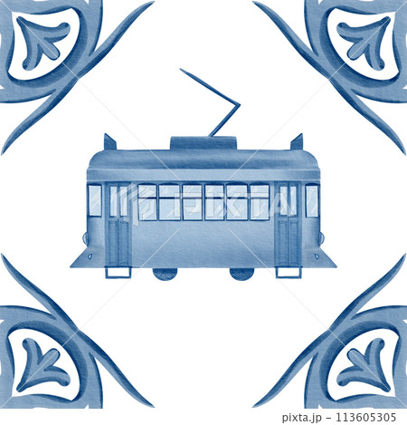Yellow streetcar number 28. In monochrome technique of azulejo tile colors, blue and white. Watercolor illustration. Element of azulejo tiles. For stickers, stationery, textiles. Yellow streetcar number 28. In monochrome technique of azulejo tile colors, blue and white. Watercolor illustration. Element of azulejo tiles. For stickers, stationery, textiles. 113605305