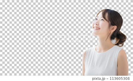 Young woman wearing a white tank top looking up Young woman wearing a white tank top looking up 113605308