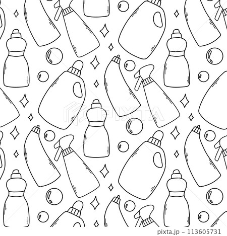 Seamless pattern with cleaning elements. Doodle pattern with detergent. Vector illustration. 113605731