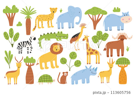Set of safari animals. Jungle animals collection. African animals. Vector illustration. Flat style. 113605756
