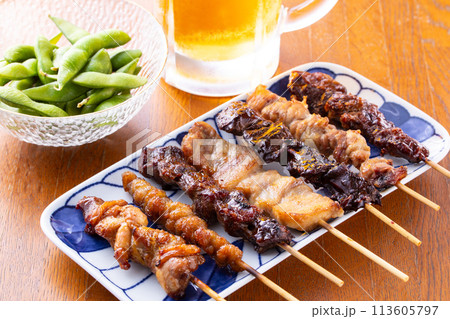 焼鳥の盛合せと生ビール 焼鳥の盛合せと生ビール 113605797