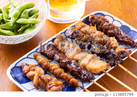焼鳥の盛合せと生ビール 113605799