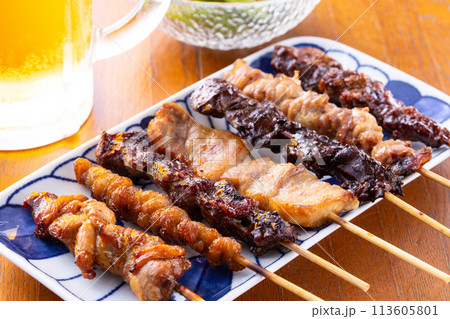 焼鳥の盛合せと生ビール 113605801