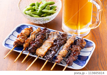 焼鳥の盛合せと生ビール 113605814