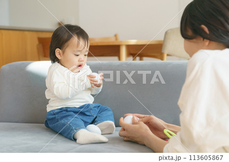 リビングで赤ちゃんと遊ぶお母さん リビングで赤ちゃんと遊ぶお母さん 113605867