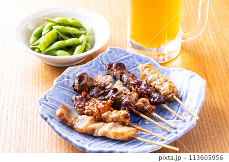 焼鳥の盛合せと生ビール 113605956