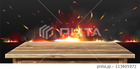 Hot and spicy bbq wood table with fire and smoke Hot and spicy bbq wood table with fire and smoke 113605972