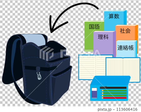Illustration of putting textbooks in a black school bag 113606416