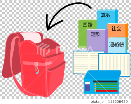 赤いランドセルに教科書を入れるイラスト 113606420