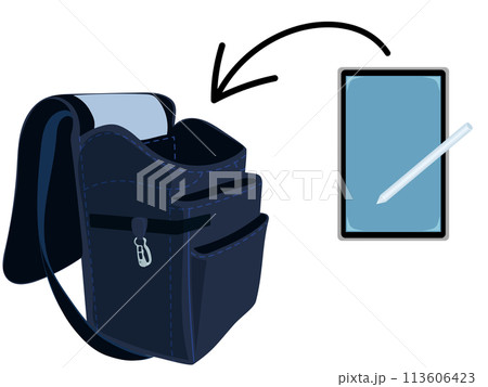 黒いランドセルにタブレットを入れるイラスト 113606423