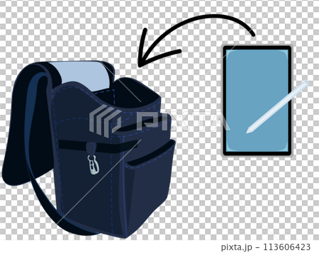 黒いランドセルにタブレットを入れるイラスト 113606423
