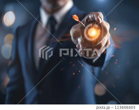Businessman with blue light bulb in hand, touching global network concept 113606805