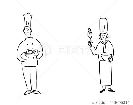 パンを持ったコック帽をかぶった男性と、泡だて器を持ったエプロン姿の女性 パンを持ったコック帽をかぶった男性と、泡だて器を持ったエプロン姿の女性 113606834