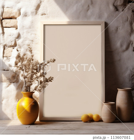 Mockup Poster Frame with Ethnic Decor Close up in Loft Interior. 113607081