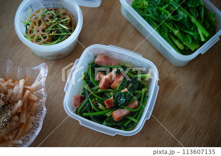 常備菜(菜の花のお浸し、蓮根と豆苗のピリ辛炒め、大根キムチ、ベーコンとほうれん草のソテー) 常備菜(菜の花のお浸し、蓮根と豆苗のピリ辛炒め、大根キムチ、ベーコンとほうれん草のソテー) 113607135