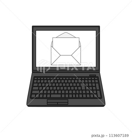 正面から見た黒色のノートパソコン（メールの確認画面） 113607189