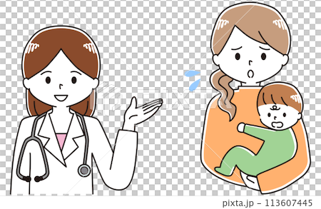 一位母親抱著孩子諮詢女醫師的插圖 一位母親抱著孩子諮詢女醫師的插圖 113607445