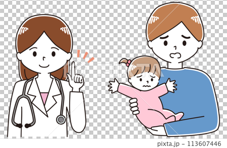 父親抱著孩子諮詢女醫生的插圖 113607446