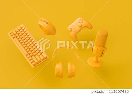 Flying gamer gears like mouse, keyboard, joystick, headset, VR, microphone 113607489