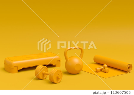 Isometric view of sport equipment like kettlebell, fitness ball and yoga mat 113607506